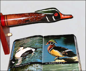 Flute head and picture of a Wood Duck in a book.